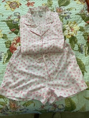 Tabitha White Pajama Set with Pink Heart Print, Short Sleeve